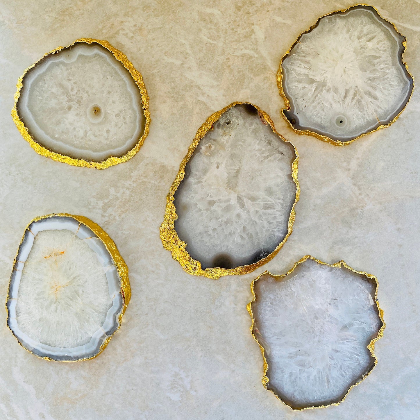 Authentic White Agate Coasters with gold plating Natural beauty | Healing Crystal - Healing Crystal for Energy, Meditation, and Balance