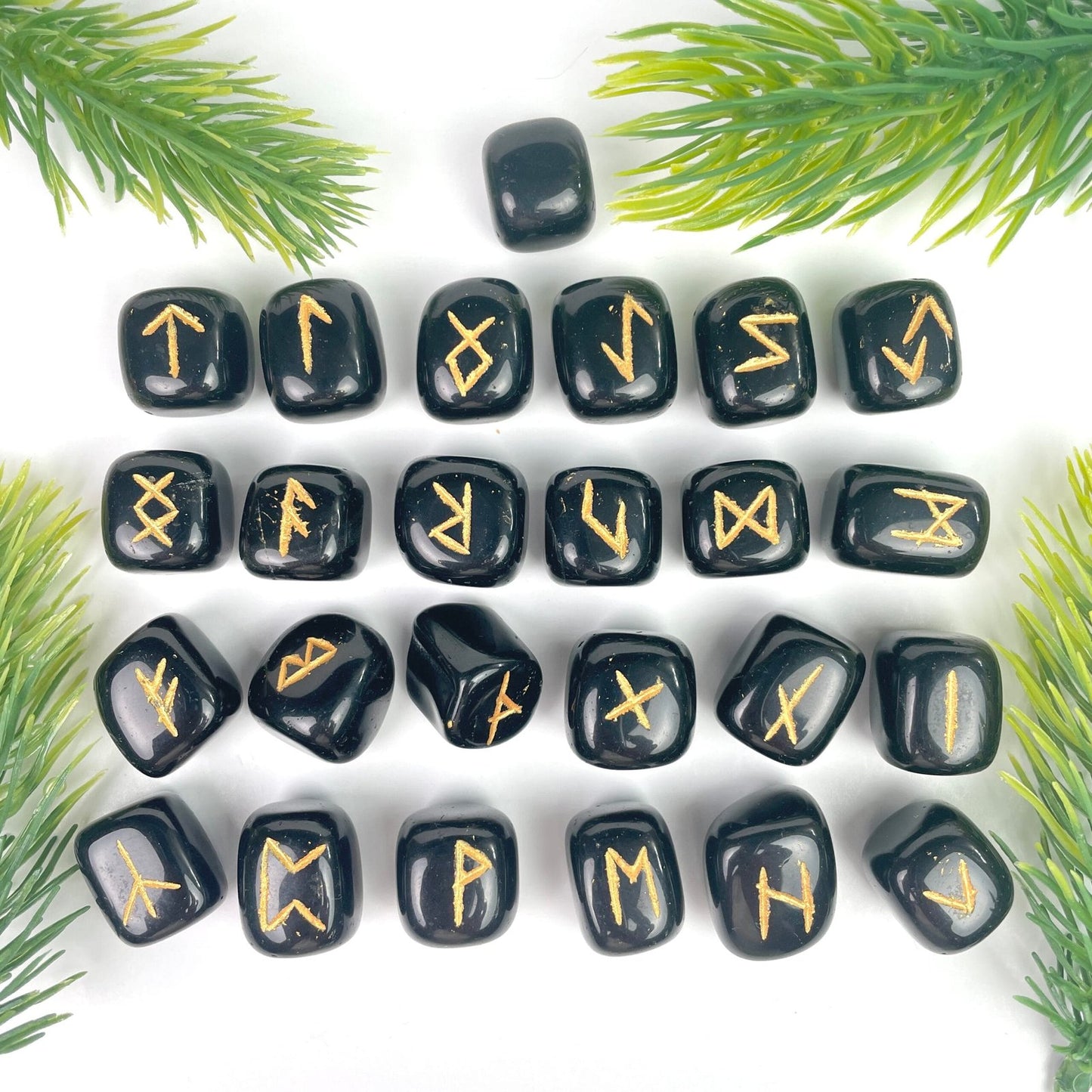 Black Obsidian Rune Sets, Healing Crystals 25 Pieces Engraved Tumbled rune stones Agate Rune set – Grounding & Healing Crystal | Natural Energy Stone - Healing Crystal for Energy, Meditation, and Balance
