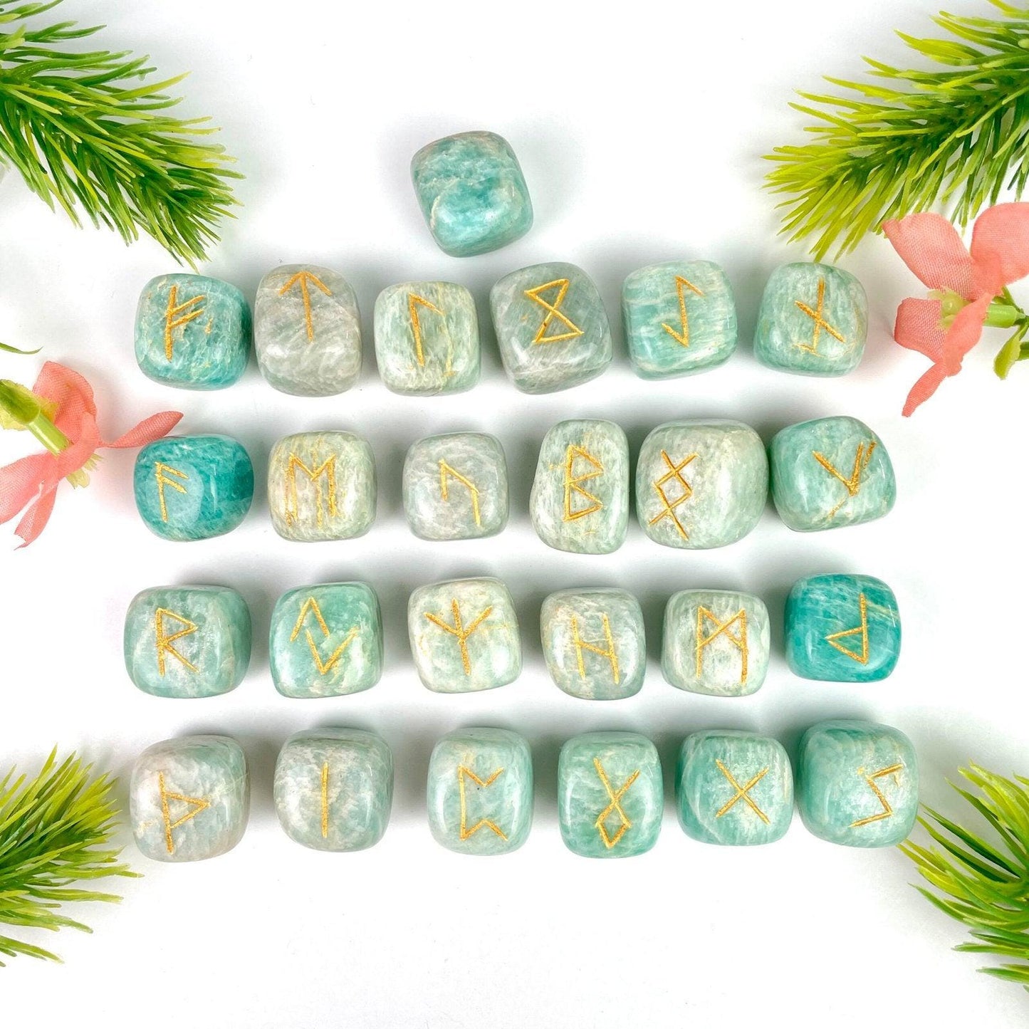 Amazonite Rune Sets, Crystal Rune Stone Set with Velvet Storage Pouch - Healing Crystal for Energy, Meditation, and Balance