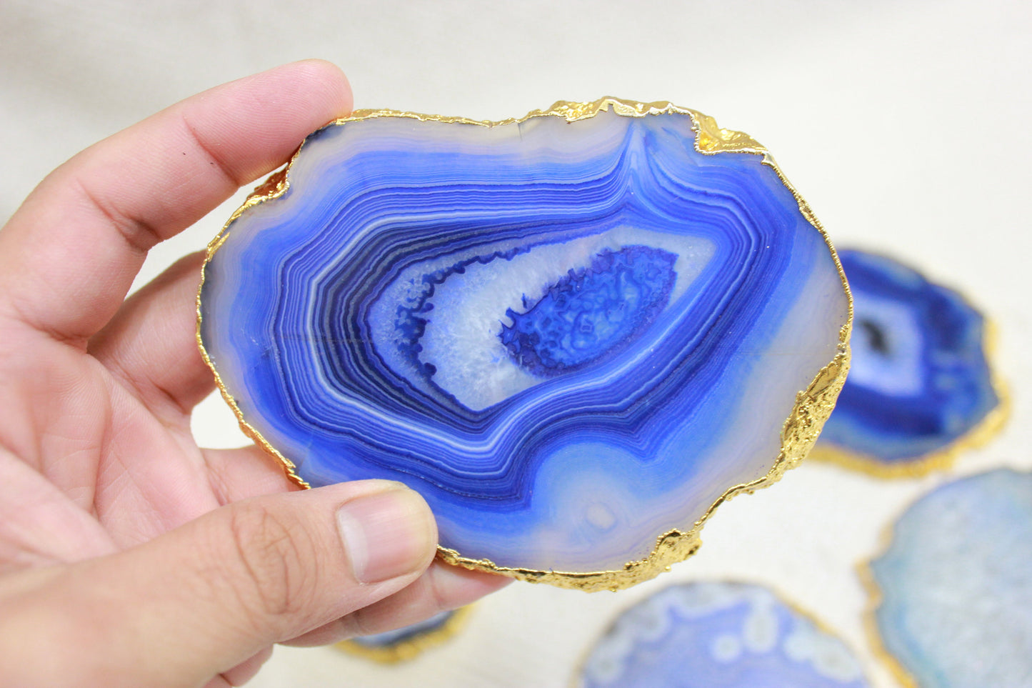 Authentic Dark Blue Agate Coasters with gold plating Natural beauty - Healing Crystal for Energy, Meditation, and Balance