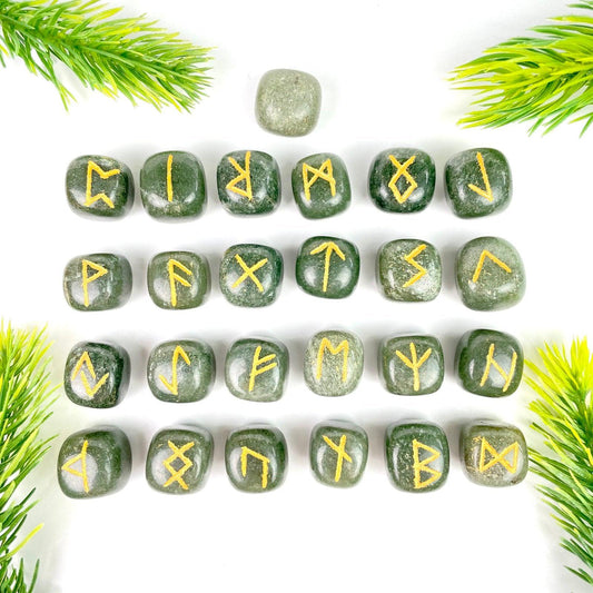 Green Aventurine Rune Sets, Healing Crystals 25 Pieces Engraved Tumbled rune stones Green Aventurine Crystal Rune set - Healing Crystal for Energy, Meditation, and Balance