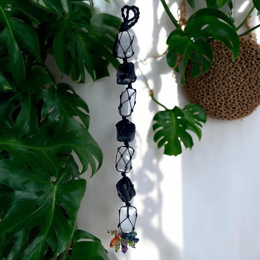 Handmade Black Tourmaline and Selenite Tumbles with Seven Chakra Chips Hanging | Energy Cleansing Protection Crystal Decor | Door Hanging - Healing Crystal for Energy, Meditation, and Balance