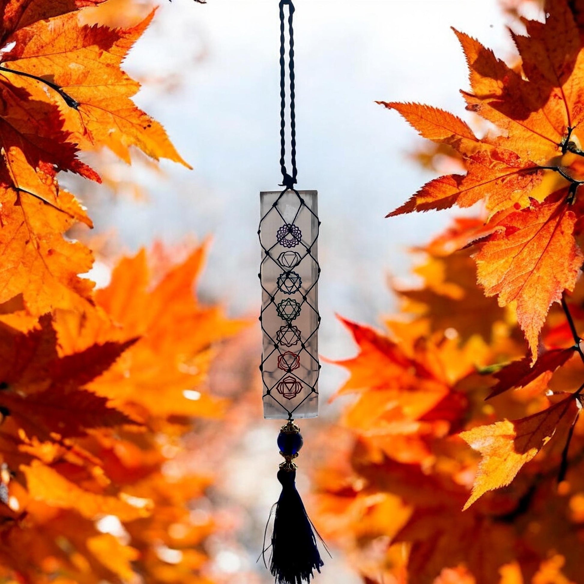 Selenite Hanger with Evil Eye Bead and Chakras | Embossed Chakra Selenite Plate | Energy Cleansing & Protection Decor | Healing Crystal - Healing Crystal for Energy, Meditation, and Balance