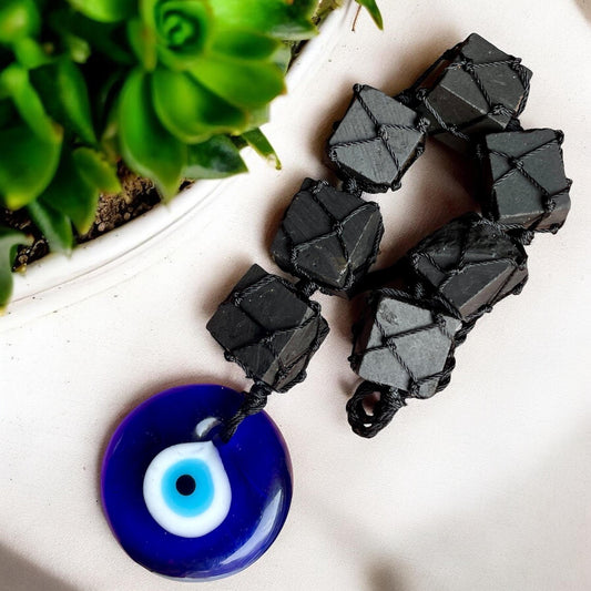 Handmade Black Tourmaline Cubes with Evil Eye Charm Hanger | Spiritual Decor | Energy Cleansing Protection Crystal Decor | Door Hanging - Healing Crystal for Energy, Meditation, and Balance