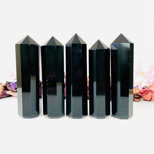 Black Obsidian Crystal Tower Healing Crystal Wand Regular Large 4-5 Inches, 8 faceted Pencil Tower – Grounding & Healing Crystal | Natural Energy Stone - Healing Crystal for Energy, Meditation, and Balance