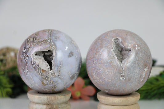 Pink Amethyst geode Sphere, Flower Agate Druzy Crystal Ball, Flower Agate Crystal Sphere - Healing Crystal for Energy, Meditation, and Balance