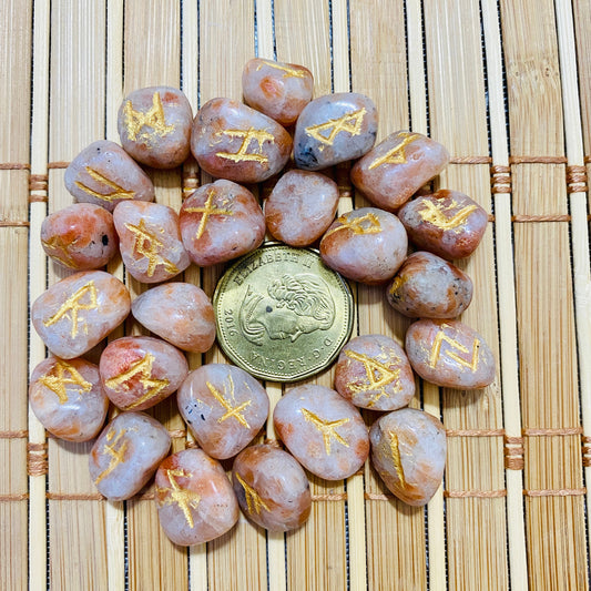 Sunstone Rune Sets, Healing Crystals 25 Pieces  Engraved Tumbled Stones Agate Rune set - Healing Crystal for Energy, Meditation, and Balance