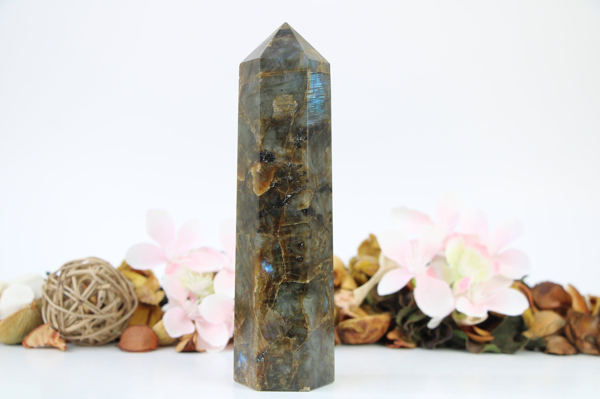 Large Labradorite Crystal Tower Obelisk High Quality Tower Healing Crystal Wand, Large Size 24 Oz/675 g,  6 faceted Pyramid Tower - Healing Crystal for Energy, Meditation, and Balance