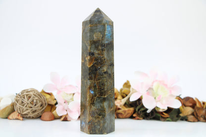 Large Labradorite Crystal Tower Obelisk High Quality Tower Healing Crystal Wand, Large Size 24 Oz/675 g,  6 faceted Pyramid Tower - Healing Crystal for Energy, Meditation, and Balance