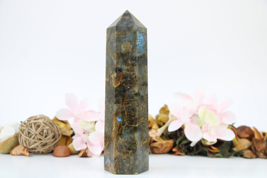 Large Labradorite Crystal Tower Obelisk High Quality Tower Healing Crystal Wand, Large Size 24 Oz/675 g,  6 faceted Pyramid Tower - Healing Crystal for Energy, Meditation, and Balance