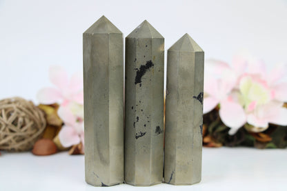 Pyrite Crystal Tower Wand Golden Pyrite Obelisk High Quality Tower Healing Crystals Wand Regular Large 4-5 Inches, 8 faceted Pencil Tower - Healing Crystal for Energy, Meditation, and Balance