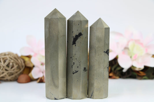 Pyrite Crystal Tower Wand Golden Pyrite Obelisk High Quality Tower Healing Crystals Wand Regular Large 4-5 Inches, 8 faceted Pencil Tower - Healing Crystal for Energy, Meditation, and Balance