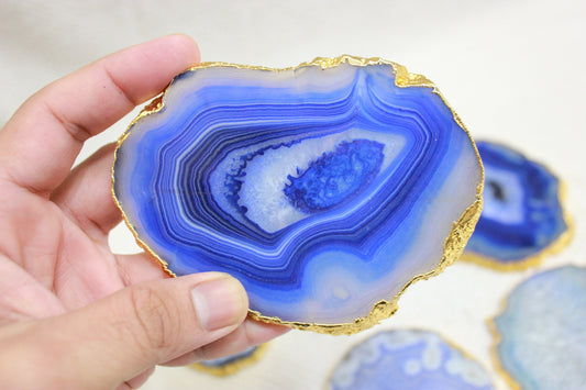Authentic Dark Blue Agate Coasters with gold plating Natural beauty - Healing Crystal for Energy, Meditation, and Balance