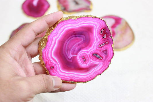 Authentic Pink Agate Coasters with gold plating Natural beauty | Healing Crystal - Healing Crystal for Energy, Meditation, and Balance