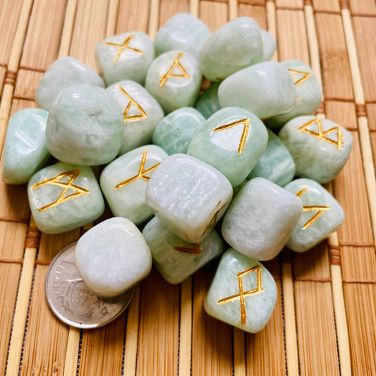 Amazonite Rune Sets, Healing Crystals 25 Pieces  Engraved Tumbled Stones Agate Rune set - Healing Crystal for Energy, Meditation, and Balance