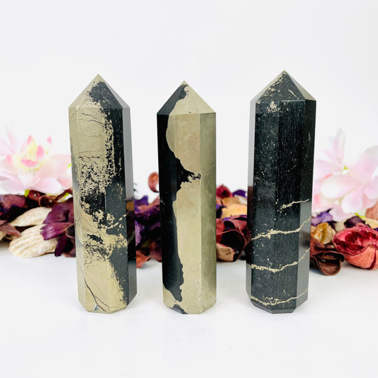 Pyrite crystal tower Healing Crystal Wand Quality Tower Healing Crystal Wand Regular 4-5 Inches, 8 faceted Pencil Tower - Healing Crystal for Energy, Meditation, and Balance