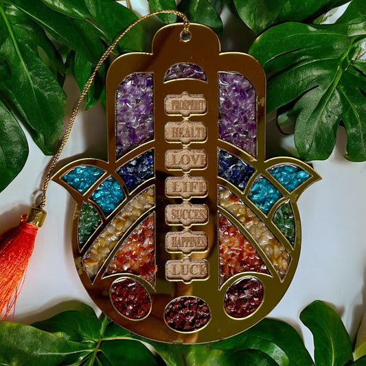 Wooden Hamsa Hand Hanger with Seven Chakra Stones | Spiritual Wall Decor | Healing Crystal Hamsa Hand Charm - Healing Crystal for Energy, Meditation, and Balance