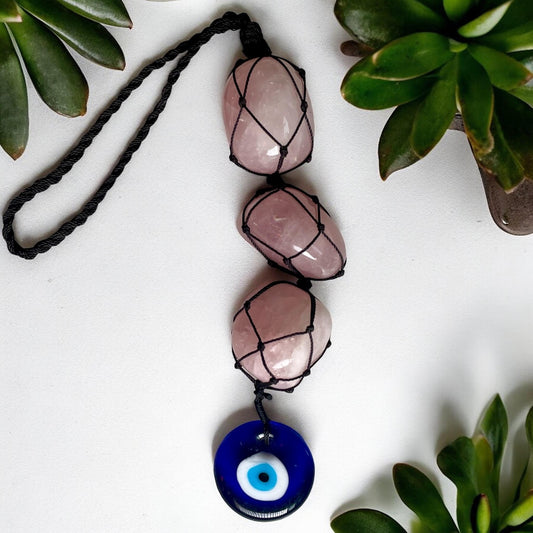 Tumbled Rose Quartz Hanger with Evil Eye | Love & Protection Crystal Car Charm | Spiritual Rearview Mirror Hanger - Healing Crystal for Energy, Meditation, and Balance