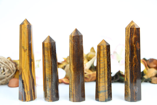 Tigers Eye Towers Crystal Wand Obelisk High Quality Tower Healing Crystals Wand, Medium Size 8 faceted Pencil Tower - Healing Crystal for Energy, Meditation, and Balance