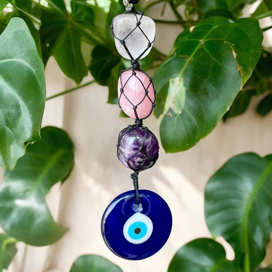 Tumbled Rose Quartz, Clear Quartz, Amethyst Hanger with Evil Eye | Love, Healing & Protection Crystal Decor | Spiritual Mirror Hanger - Healing Crystal for Energy, Meditation, and Balance