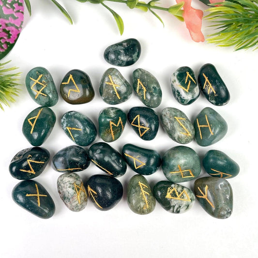 Moss Agate Rune Sets, Healing Crystals 25 Pieces Engraved Tumbled rune stones Agate Rune set - Healing Crystal for Energy, Meditation, and Balance