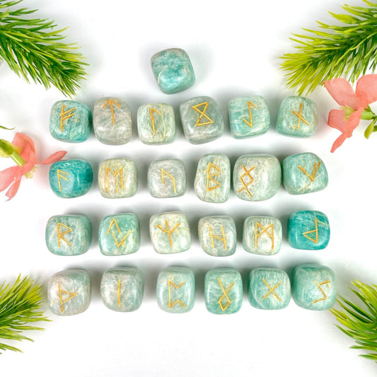 Amazonite Rune Sets, Crystal Rune Stone Set with Velvet Storage Pouch - Healing Crystal for Energy, Meditation, and Balance