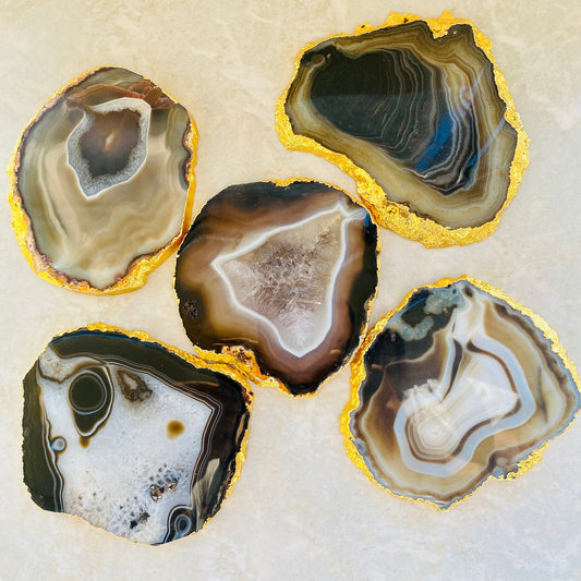 Authentic Black Agate Coasters with gold plating Natural beauty - Healing Crystal for Energy, Meditation, and Balance