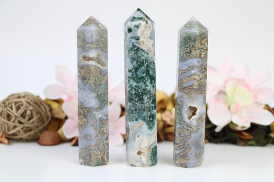 Moss Agate Crystal Tower Druzy Tower Obelisk Nice Quality Healing Crystal Wand Regular Large 4-5 Inches, 8 faceted Pencil Tower - Healing Crystal for Energy, Meditation, and Balance