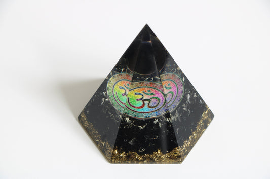 Black Tourmaline Orgone Pyramid OM , Hexagon Orgonite Pyramid - Healing Crystal for Energy, Meditation, and Balance