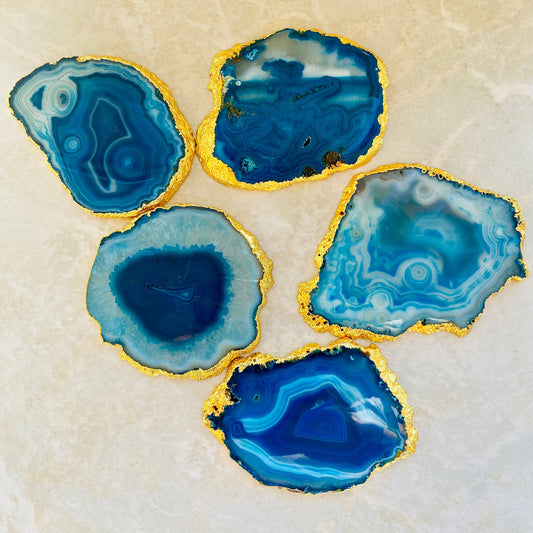Authentic Ocean Blue Agate Coasters with gold plating Natural beauty - Healing Crystal for Energy, Meditation, and Balance