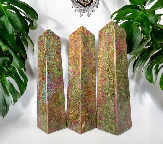 Ruby in Kyanite Crystal Tower Healing Crystal Wand Size Obelisk 4 Faceted Pyramid Crystal - Healing Crystal for Energy, Meditation, and Balance