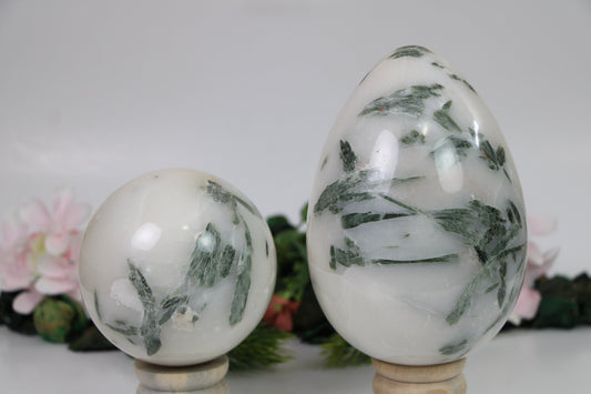 Extra Large Rutiled Quartz Green Tourmaline Crystal Sphere and Green Tourmaline Crystal Egg, Pair of Egg and Sphere - Healing Crystal for Energy, Meditation, and Balance